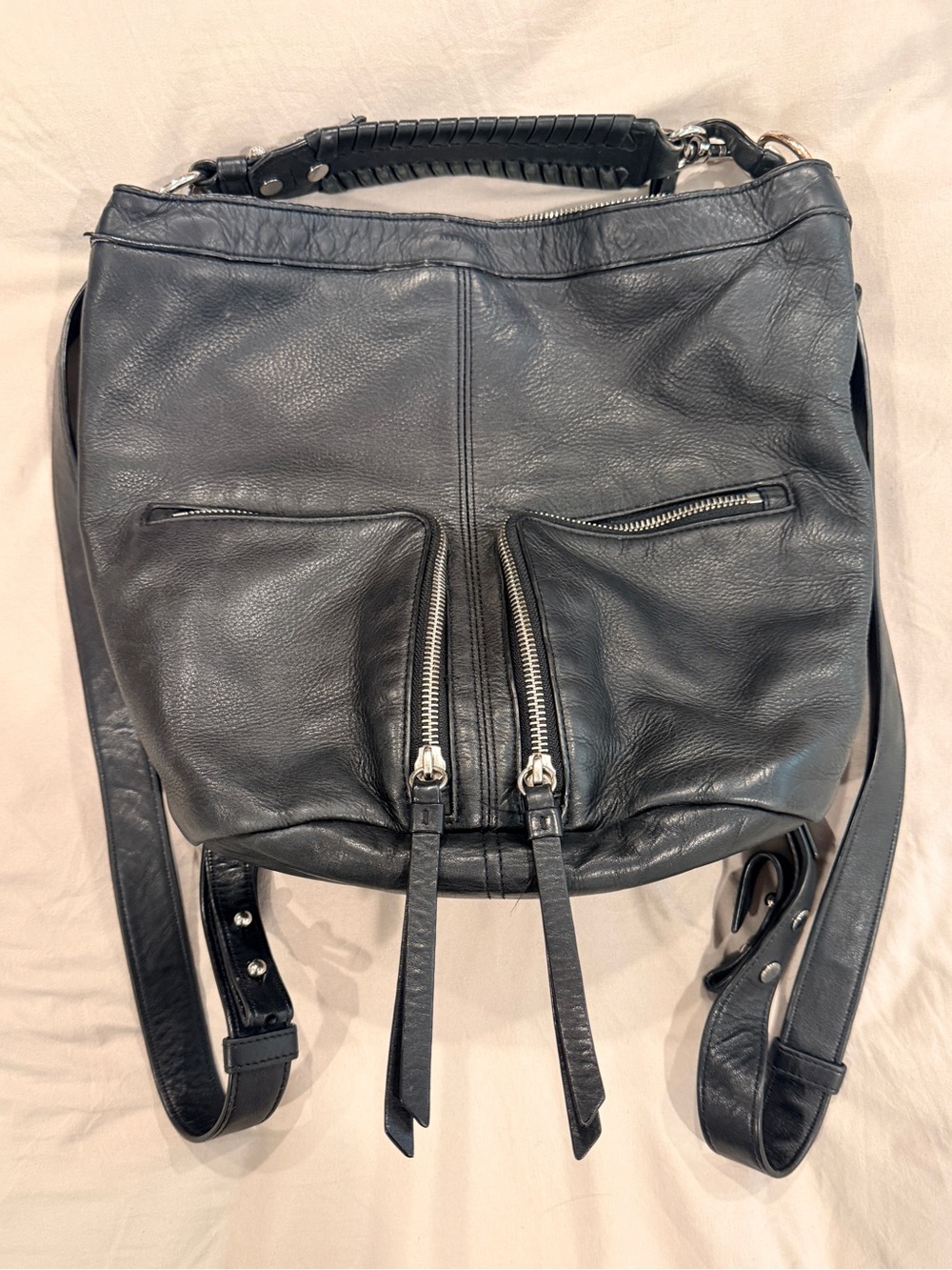 AllSaints Black Leather Convertible Backpack Shoulder Bag